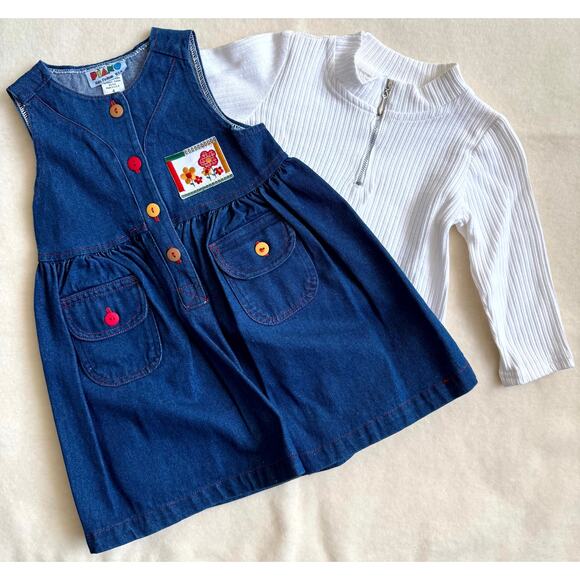 Vintage 90s Piano Kids Fashion Jumper Dress & Shirt Set Girls 4T Denim Floral - Picture 2 of 5